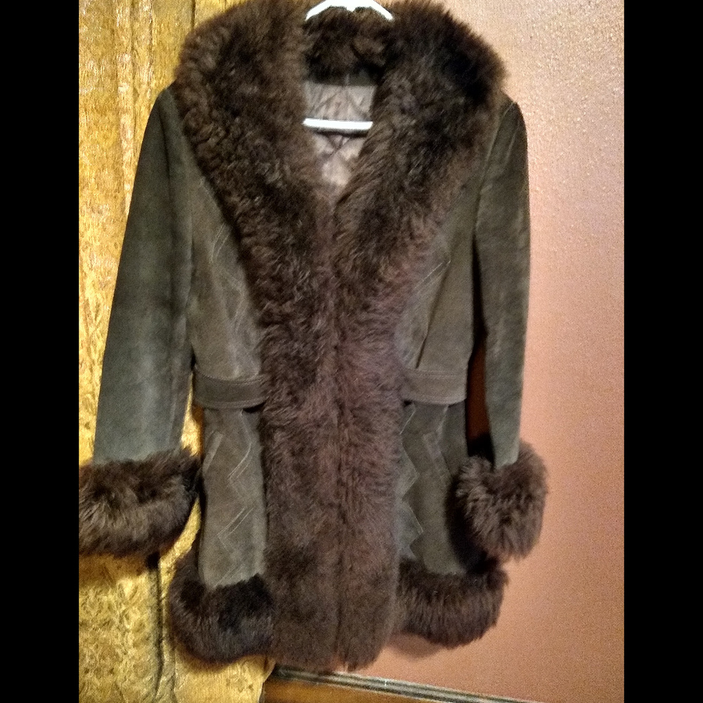 Faux fur and suede cinched waist coat